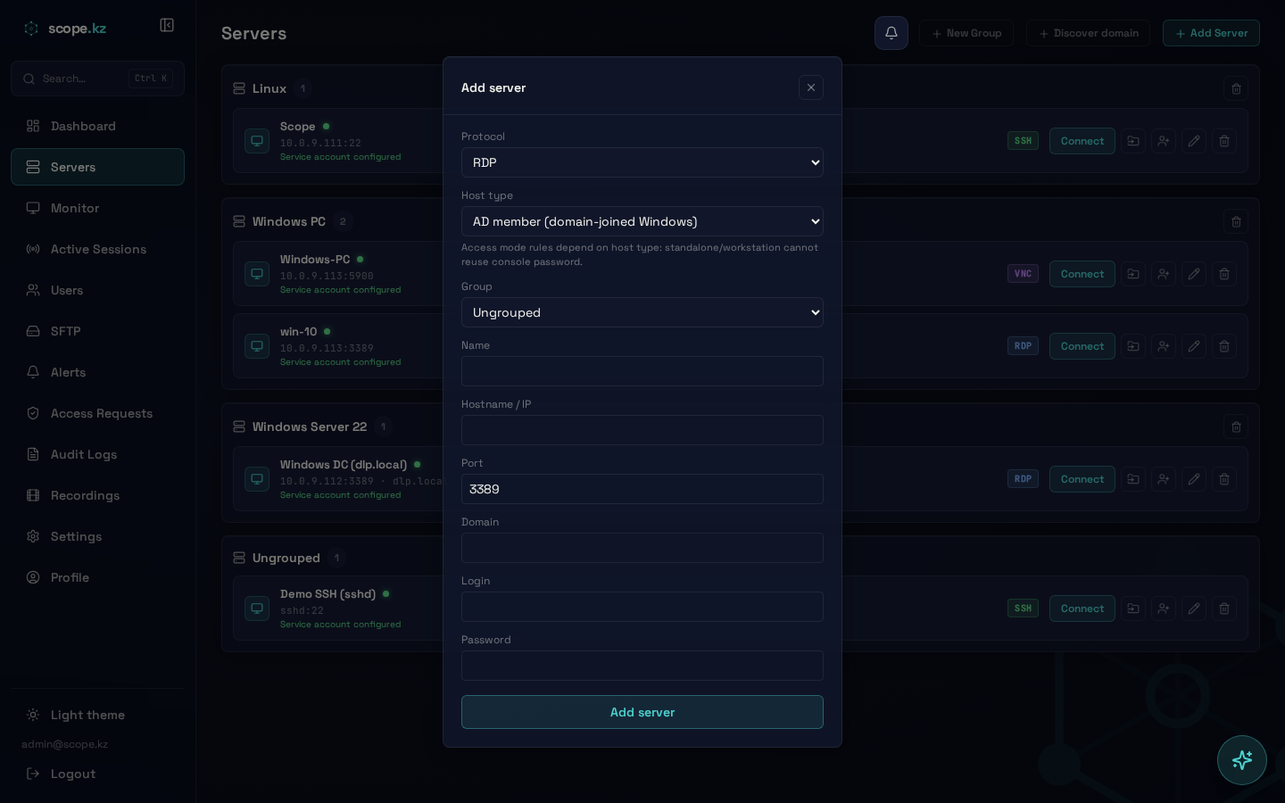 Add server — protocol, host type, credentials